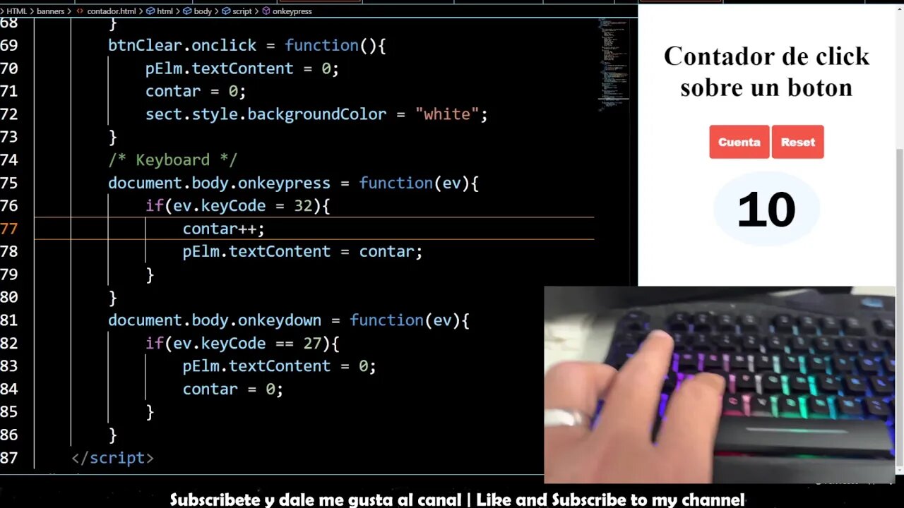 contador en JavaScript con el teclado - Continuación del contador de click anterior.