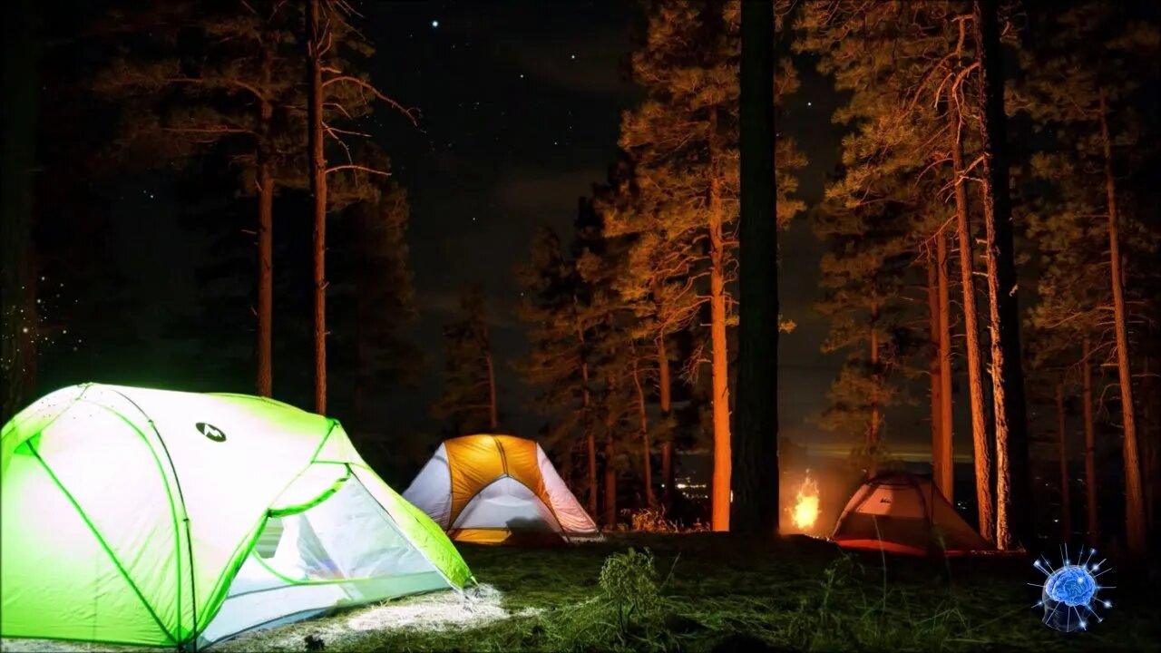 Your camping with your friends near the fire, w/ crackling sounds and crickets.