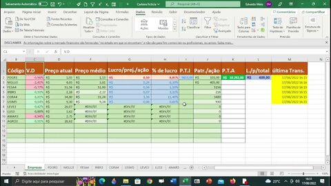 Planilha no excel em funcionamento na simulação de investimento em ações no terceiro dia .