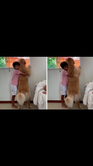 Little Boy Hugs His Doggy Best Friend