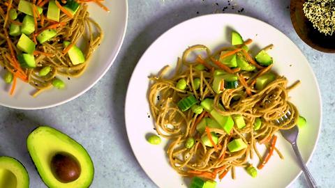 Peanut Noodles with Avocado, Cucumber, and Sesame Seeds