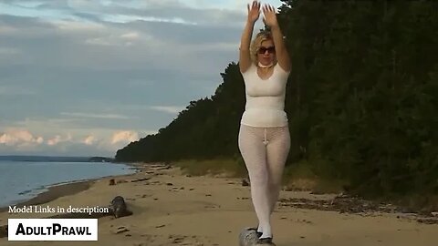 see thru white pantyhose on beach No Bra 👙