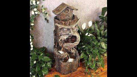 YZM 33” Outdoor Cascading Tree Trunk Fountain with LED Lights