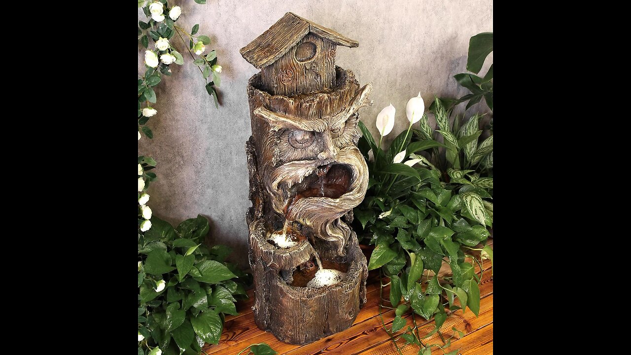 YZM 33” Outdoor Cascading Tree Trunk Fountain with LED Lights