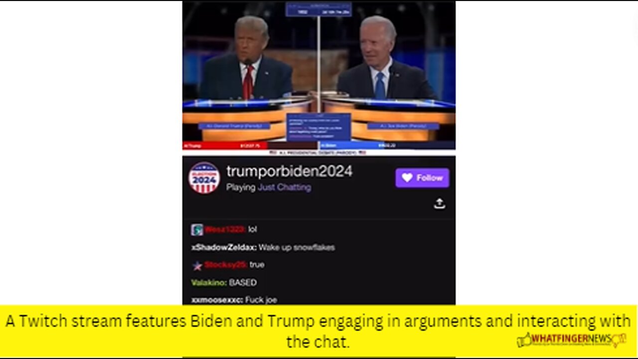 A Twitch stream features Biden and Trump engaging in arguments and interacting with the chat.
