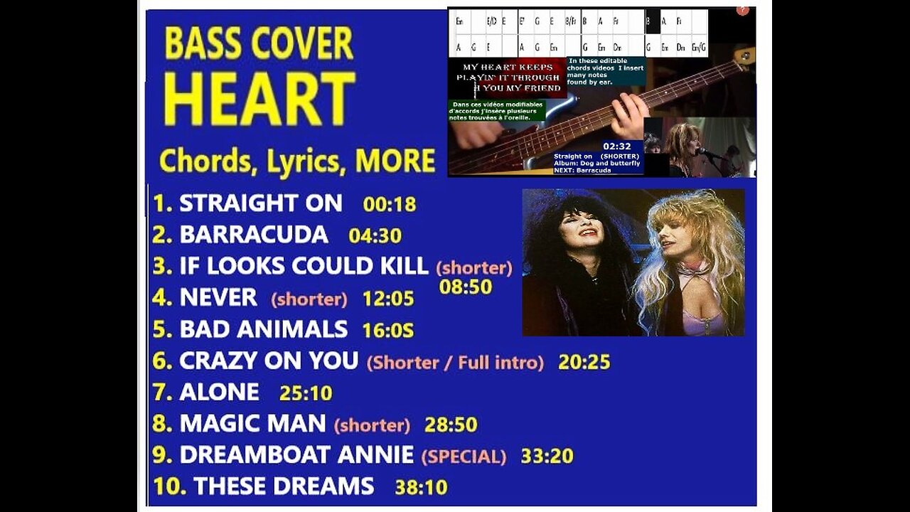 Bass cover:: HEART __ On-screen Chords, Lyrics, MORE