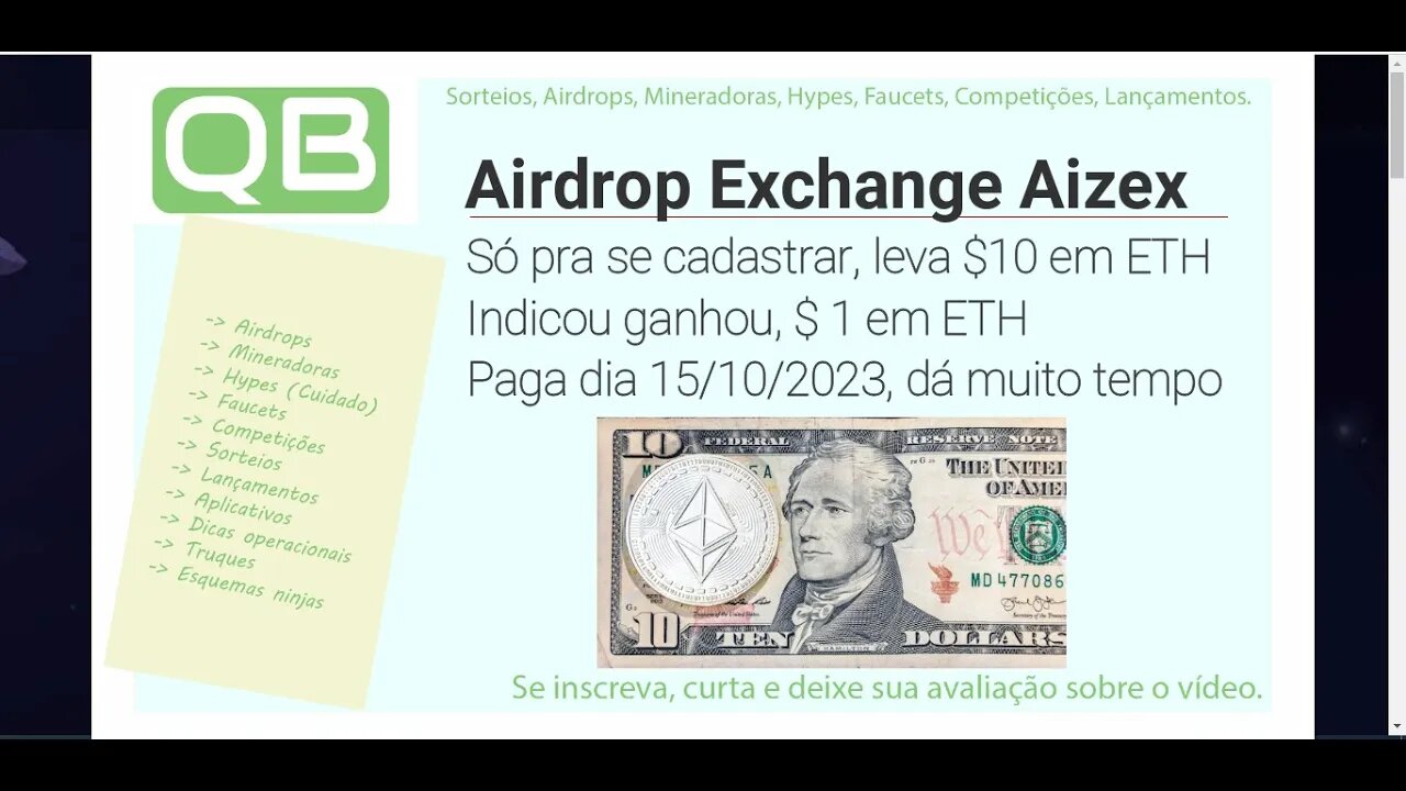 CanalQb - Airdrop - Exchange Aizex - $10 na Incrição e $1 na referencia