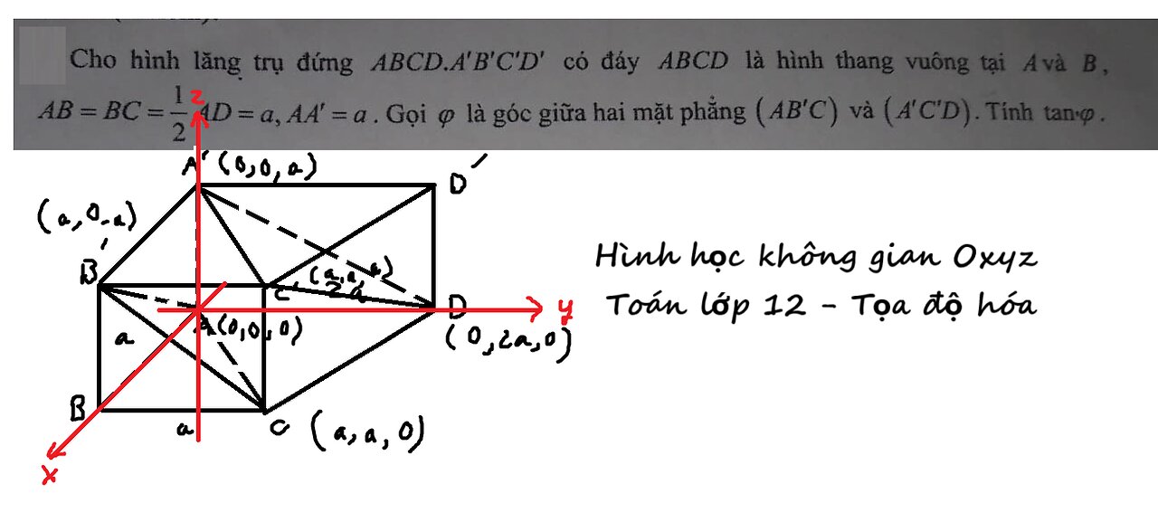 Toán 12: Cho hình lăng trụ đứng ABCD.A'B'C'D' có đáy ABCD là hình thang vuông tại A