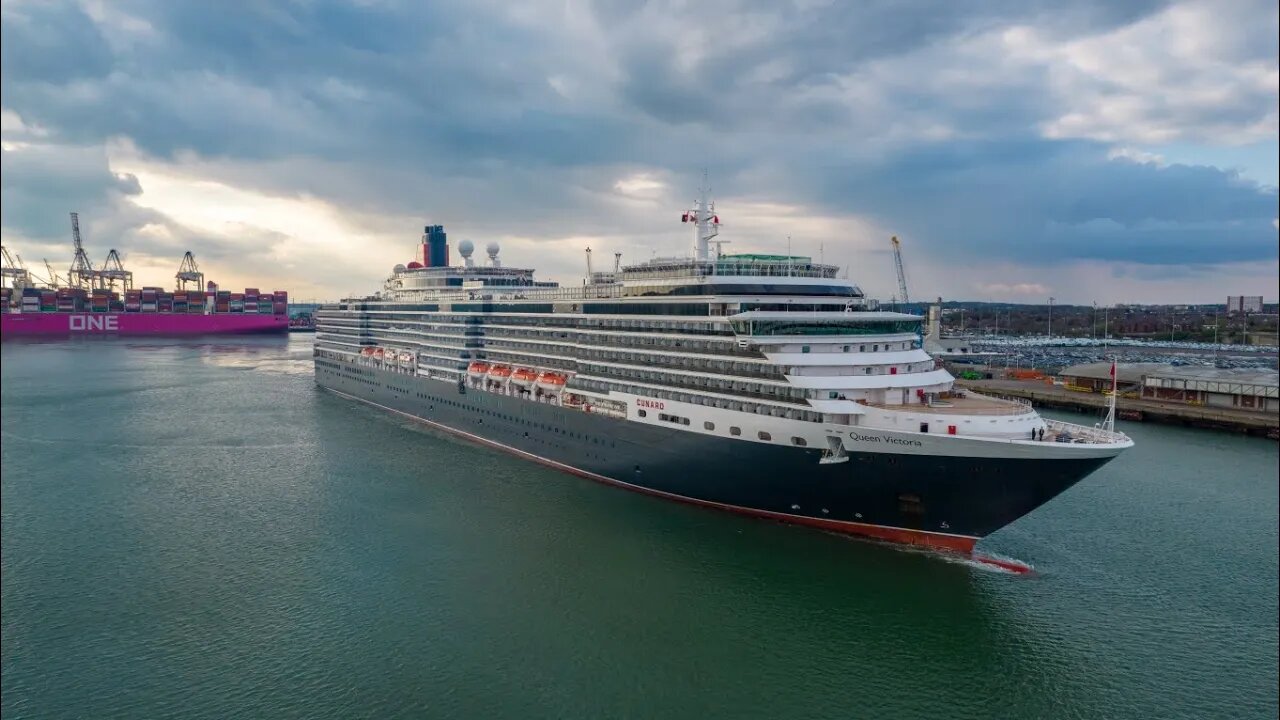 cunard Queen Victoria 23/04/2023 departs Southampton UK 4K drone footage Cruisescape_uk