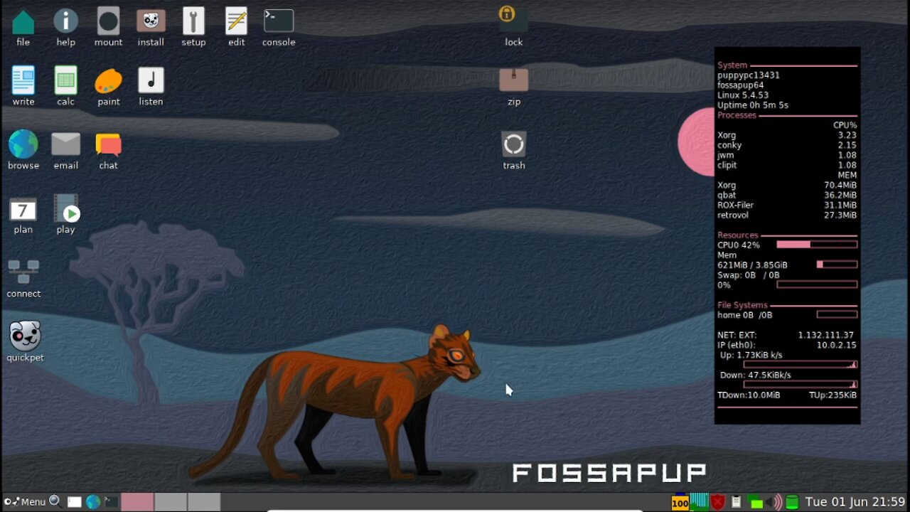 Puppy Linux (Fossapup64 9.5) Live Session on VirtualBox