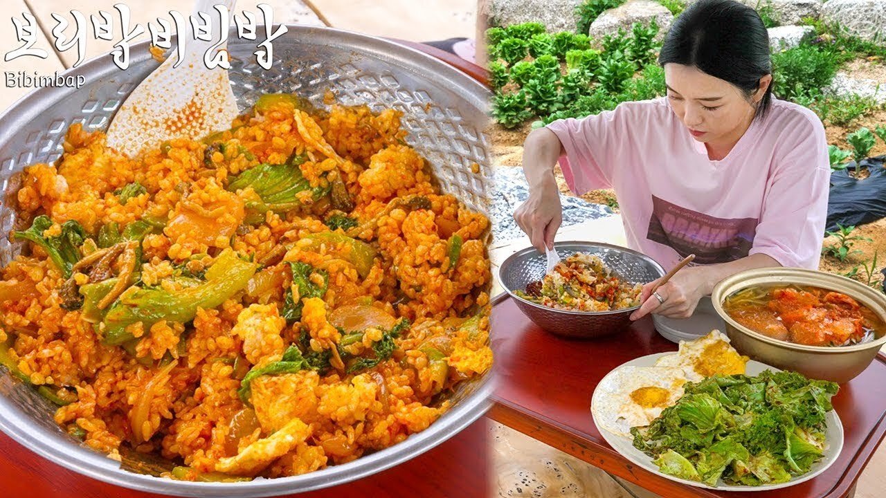 Korean Bibimbap with Home grown vegetables ☆ Outdoor Mukbang