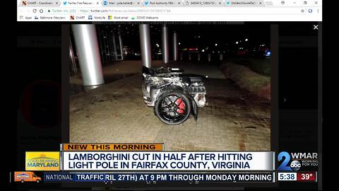 Lamborghini cut in half by light pole