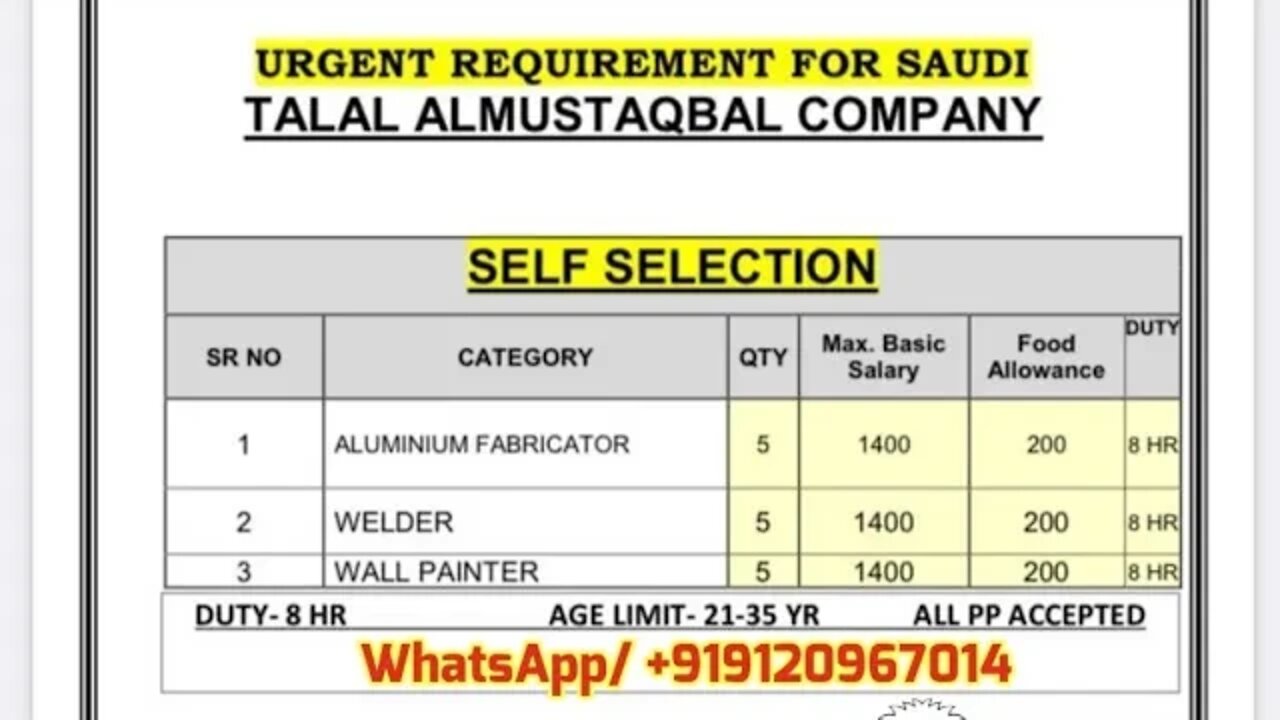 Talal al mustaqbal company job | welder penter Saudi job salary visa