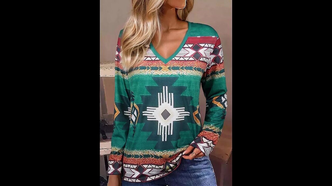 Aztec Geometric Long Sleeve V-Neck Blouse for Women