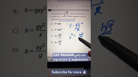 Algebraic equation expressing a variable in terms of others #satmath #youtubeshorts