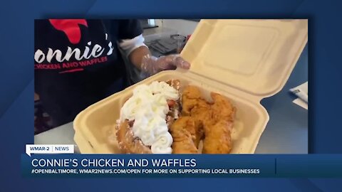 Connie's Chicken and Waffles says "We're Open Baltimore!"