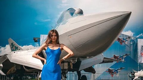 The Sukhoi Su-57 fifth-generation fighter exhibited at the Army-2023 Forum