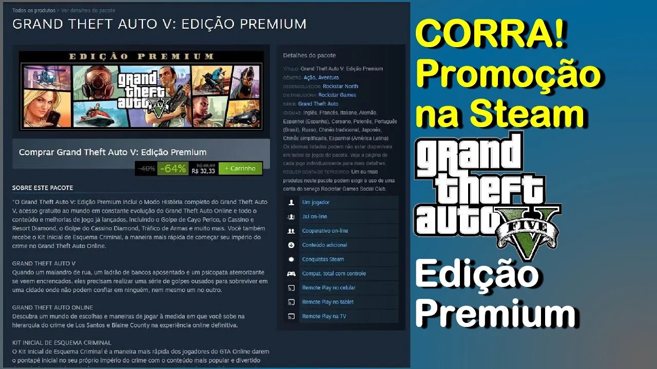 CORRA! GTA 5 Edição Premium em promoção na Steam