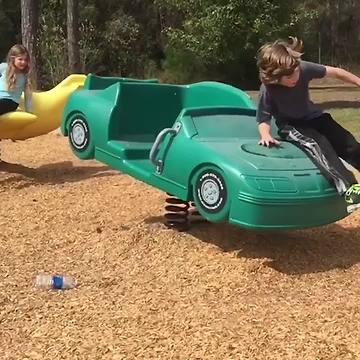Boy Slides Across Hood of Toy Car and His Sister Wants To Try Too