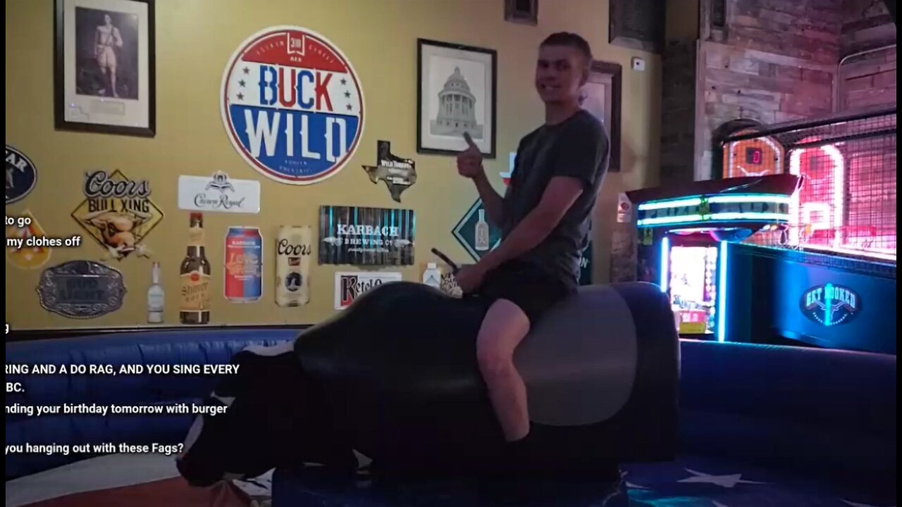 Chicken riding a bull in a gay bar