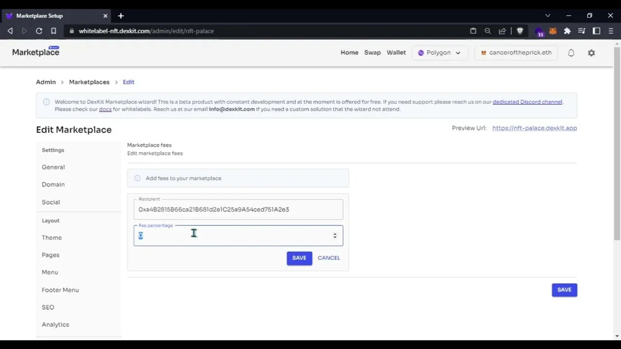 Setting up your NFT marketplace fees. Step 6