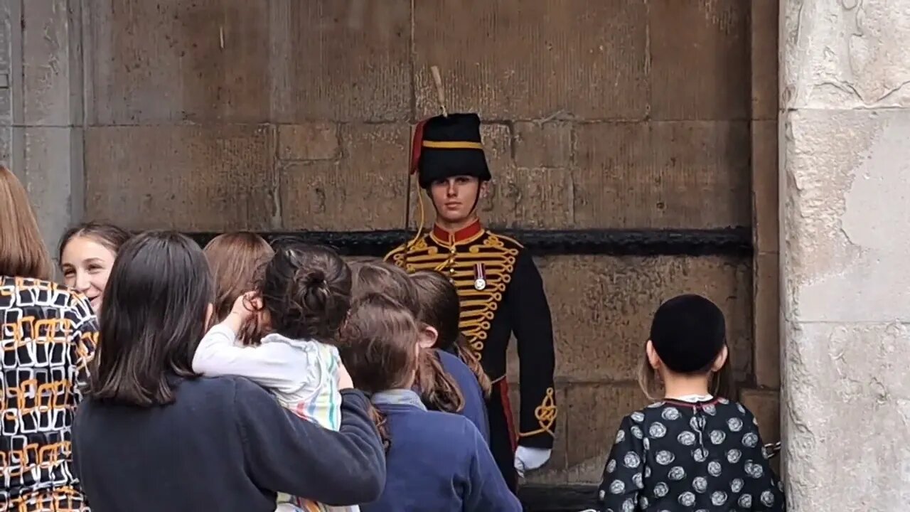 King's Troop bombarded with question kindly answers by nodding and shaking his head #thekingsguard