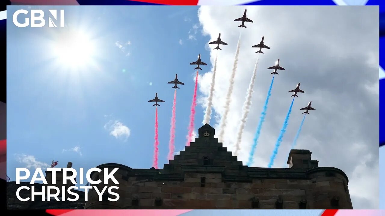 Red Arrows fly past over Edinburgh Castle for King Charles and Queen Camilla