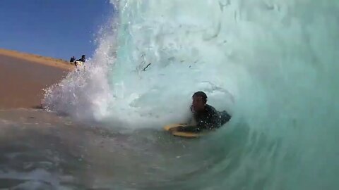 Surfing and Skimboarding WEDGE on massive HIGH TIDE