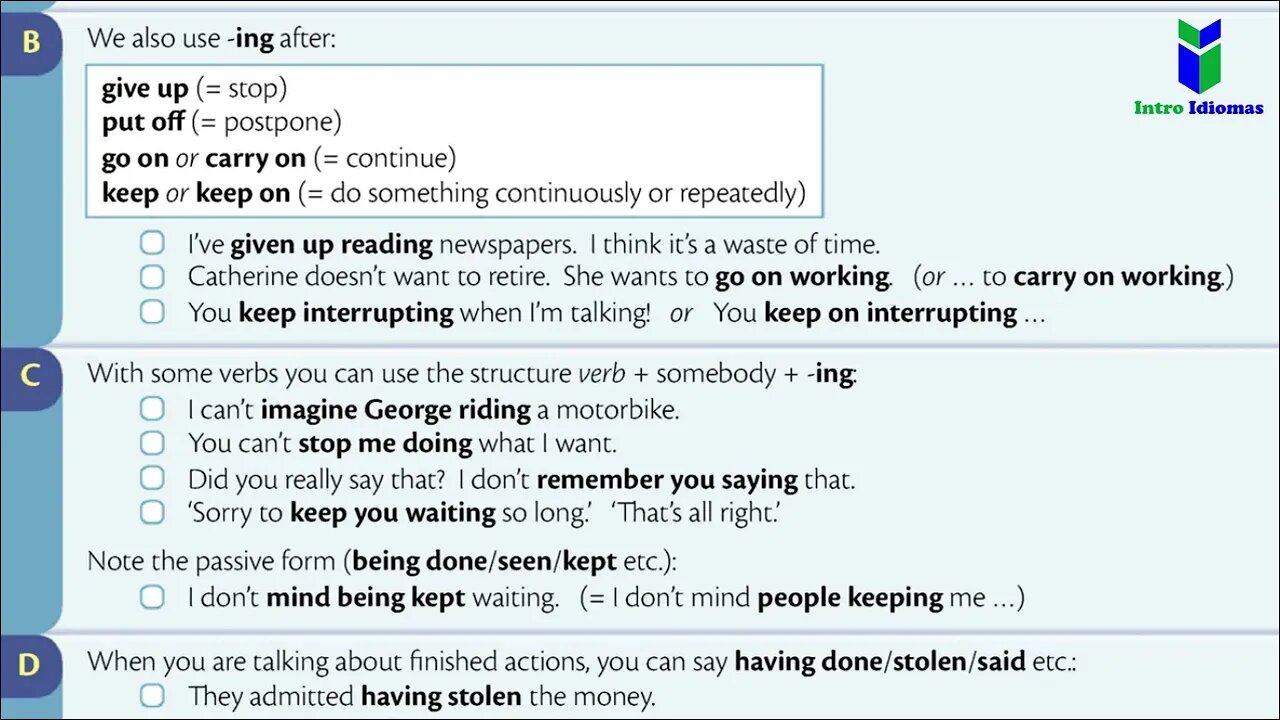 053 - ENGLISH GRAMMAR IN USE - Verb + ing enjoy doing - stop doing etc Unit 53 - Intermediate