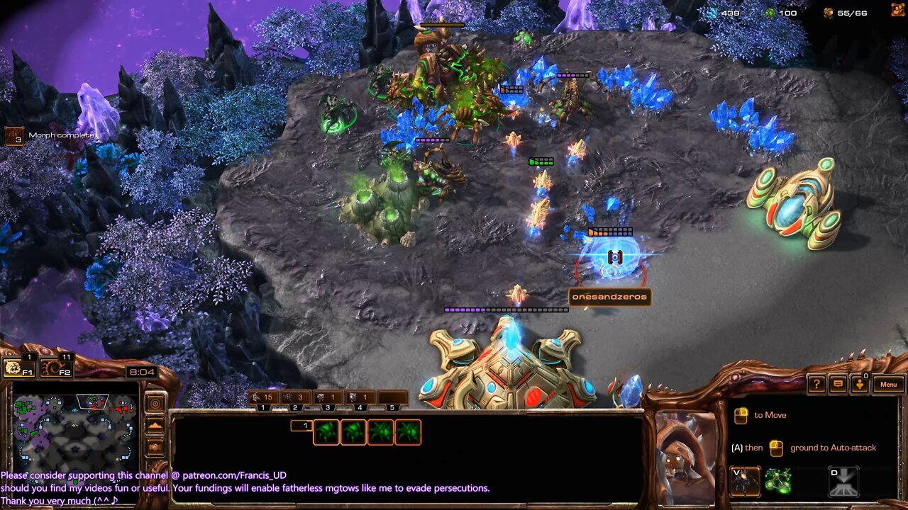 starcraft2 finally won against a high level protoss as zerg on stargazers map!