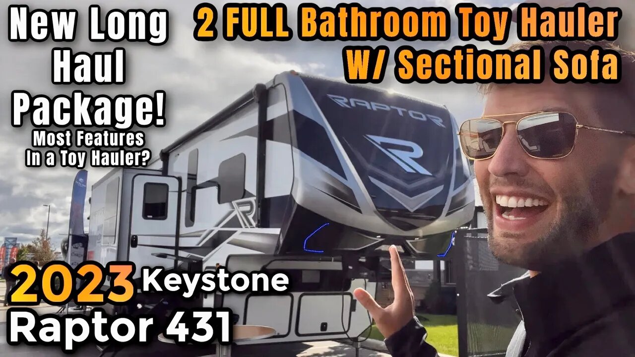 2023 Keystone Raptor 431 | 2 Full Bathroom with Sectional Sofa Toy Hauler & NEW Long Haul Package!