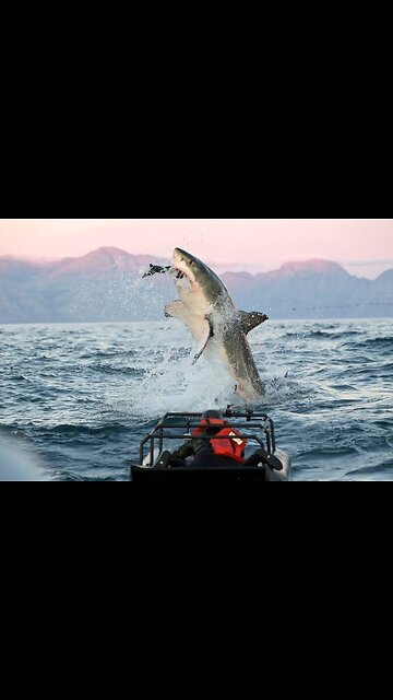 Great white shark breaching