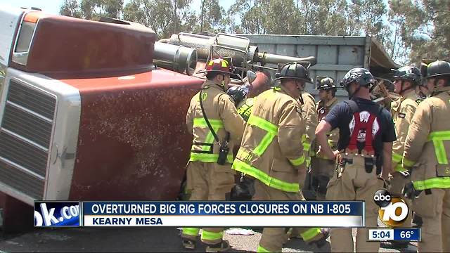 Overturned big rig forces I-805 closures