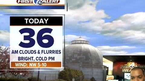 Morning flurries, brighter PM