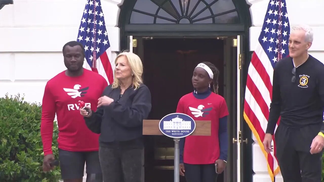 Jill Biden, Ed.D., Struggles To Figure Out Air Horn At White House Workout For Military Kids