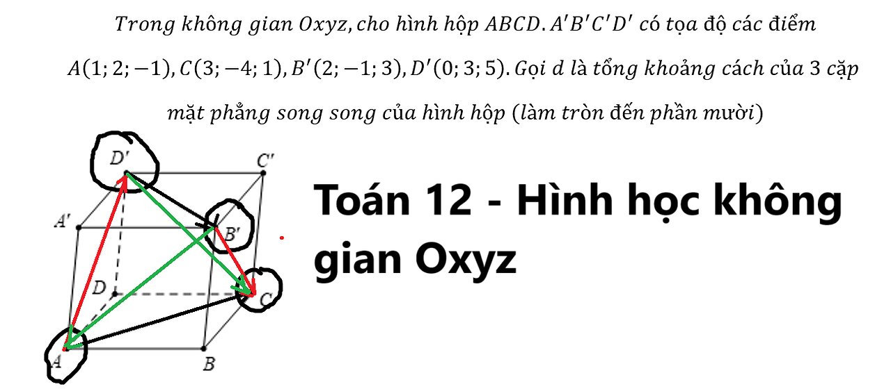 Khoảng cách: Trong không gian Oxyz,cho hình hộp ABCD.A'B'C'D' có tọa độ các điểm A(1;2;-1),C