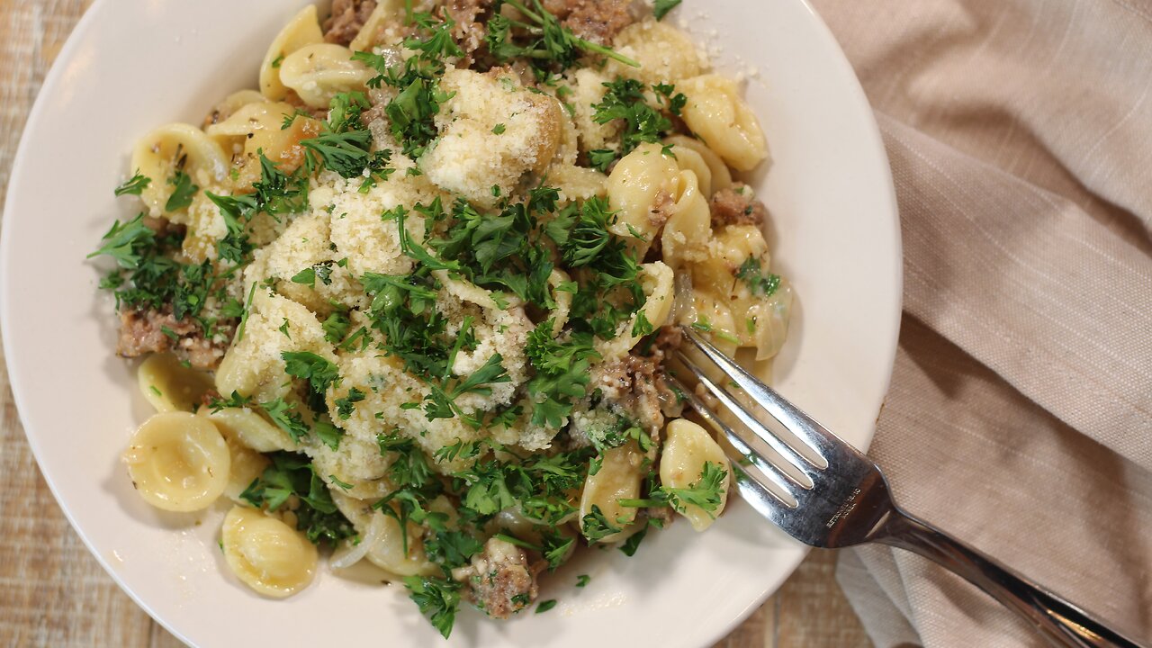 Orecchiette with Italian Sausage Caramelized Apples and Onions