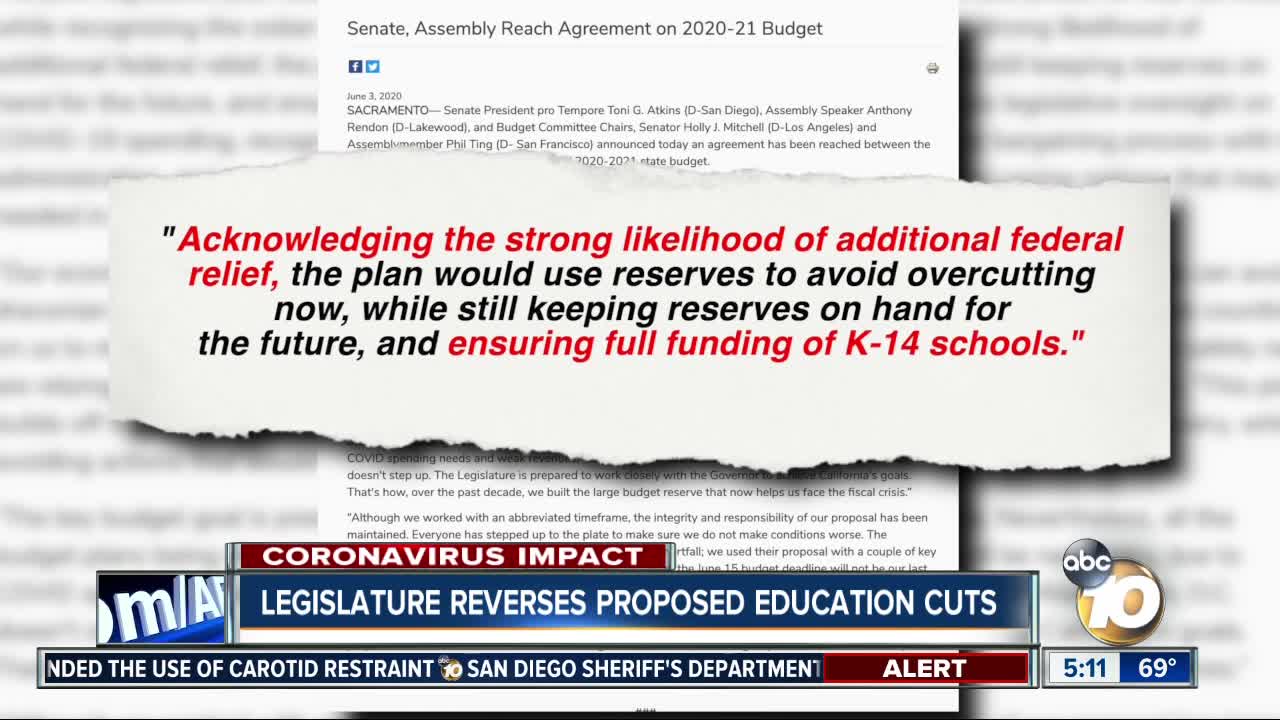 State legislature reverses proposed education cuts in next year's budget