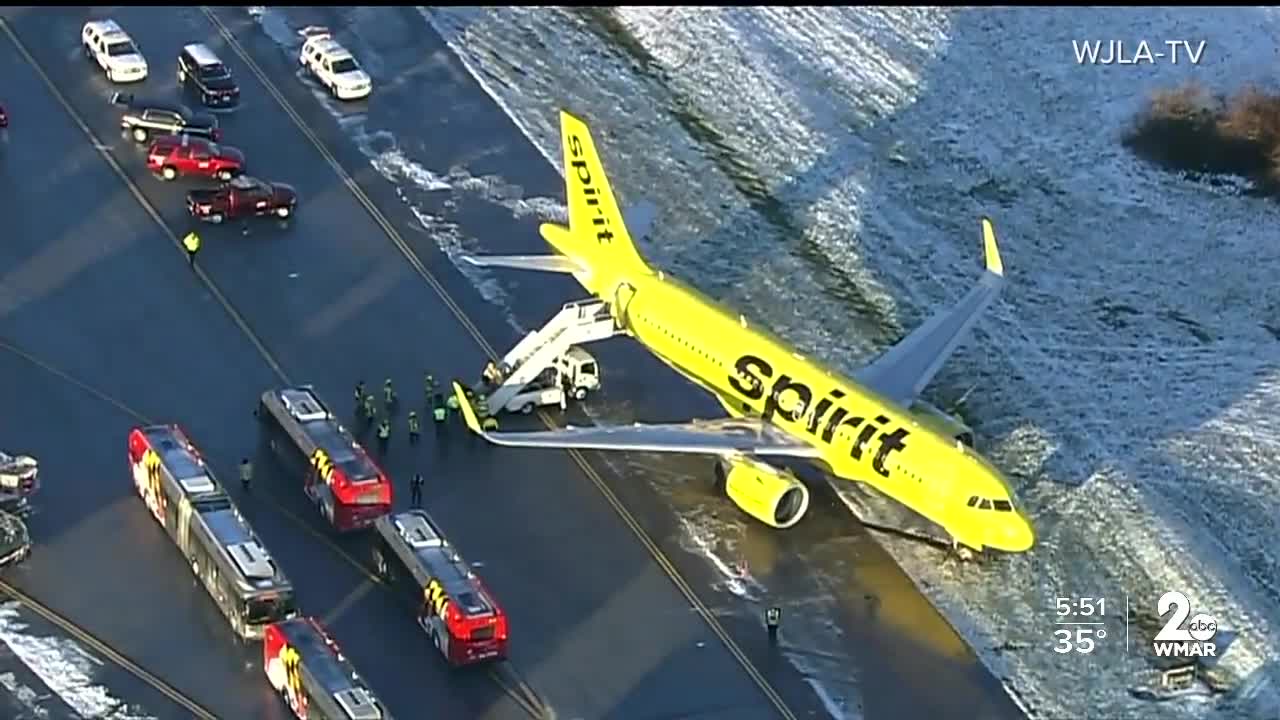 Arriving Spirit Airlines flight slides off into grass while taxiing to BWI terminal