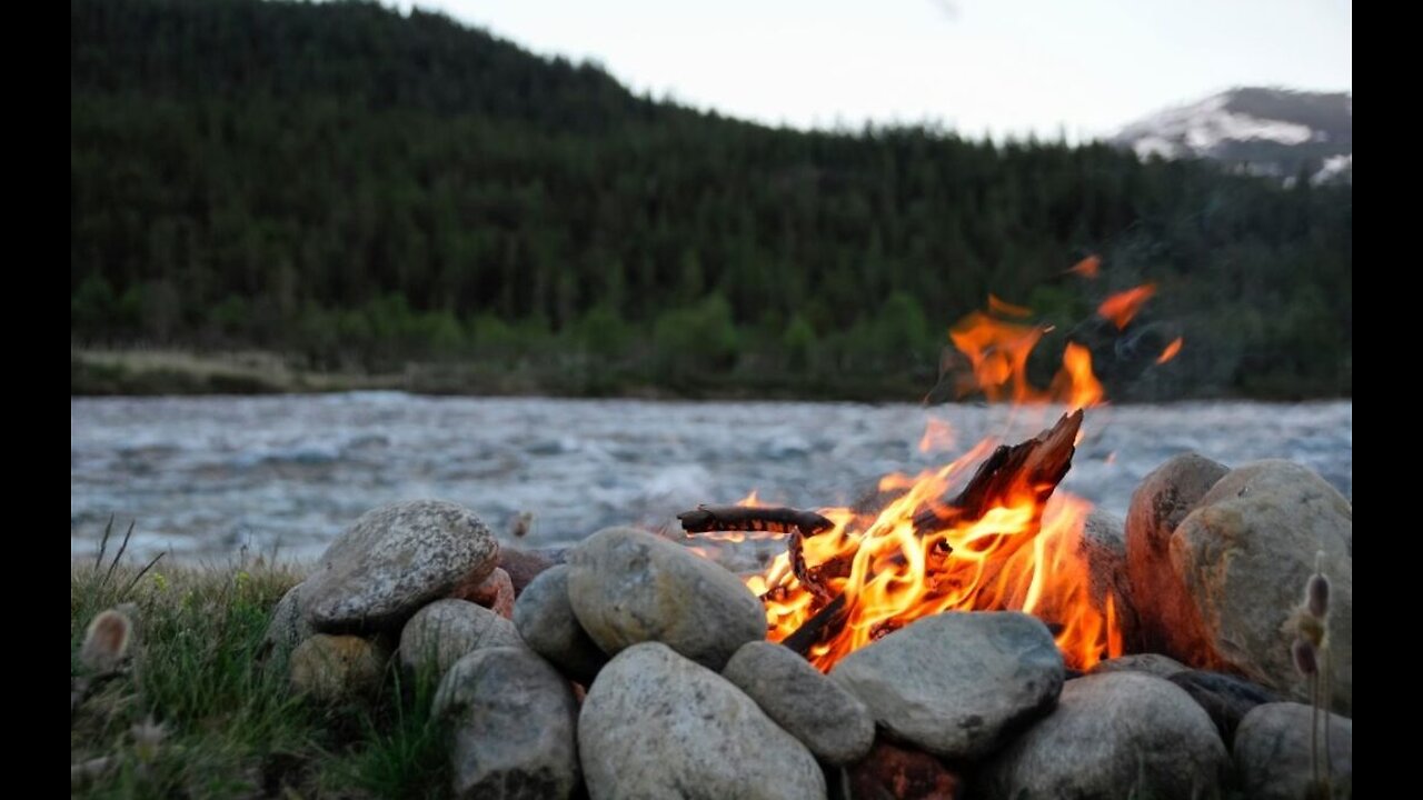 Fireplace Crackling Fire Alpha Binaural River Rapids ASMR v3 Sleep Study Campfire in Winter 1 hour