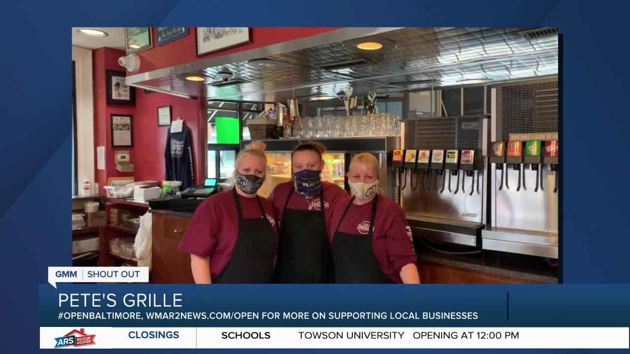 Pete's Grille in Baltimore says "We're Open Baltimore!"