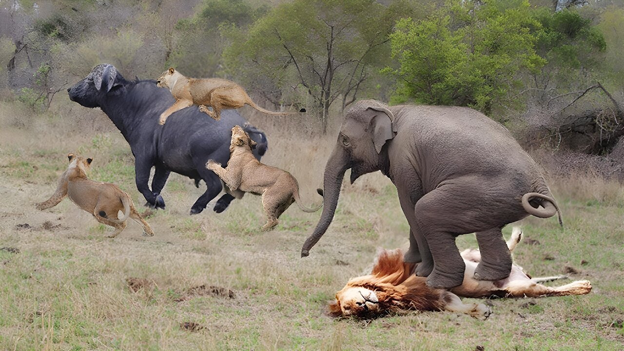 Buffalo vs Lion Pride | Elephant Became Hero After Save Buffalo From Lion Hunt 😍