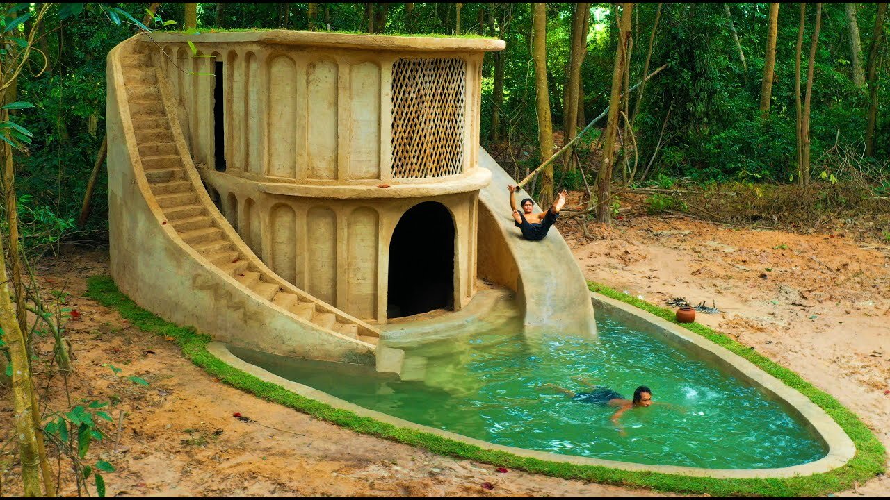 100 Days Build Underground Two Story Villa with Grass Roof and Waterslide To Swimming Pool