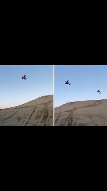 Extreme dirt bike riders soar high above the sky