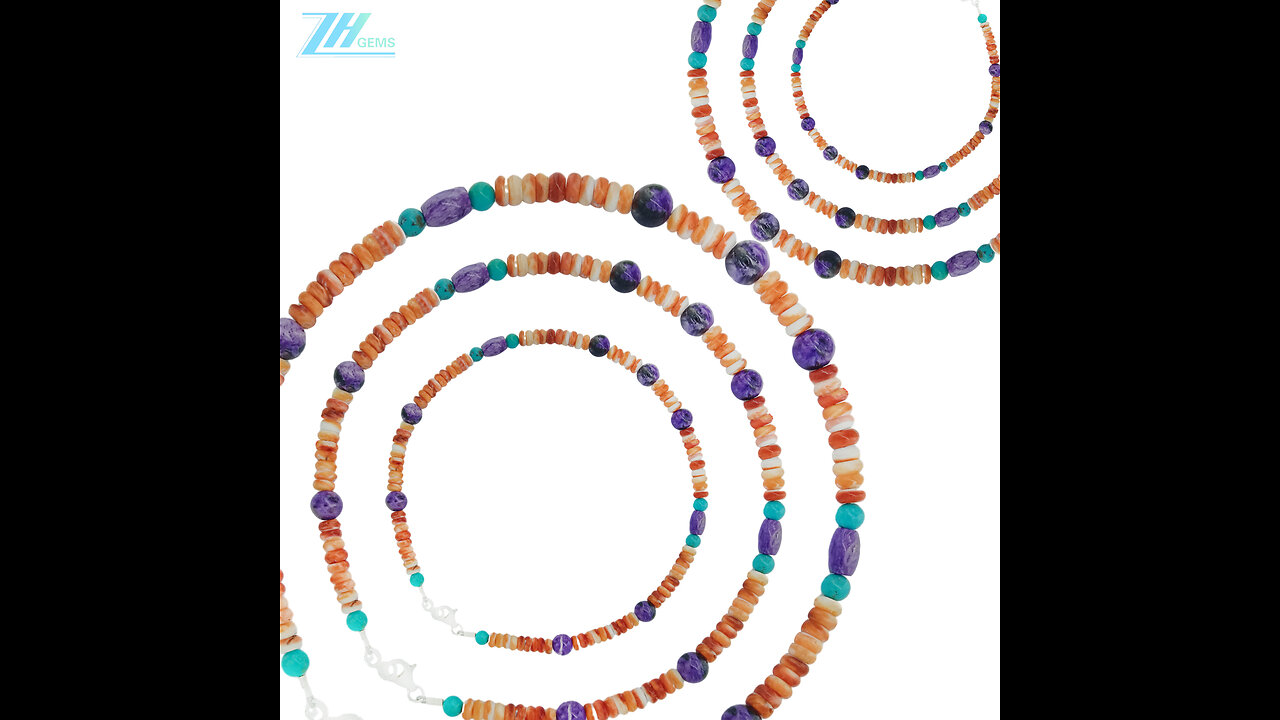 Natural turquoise and orange spiny oyster roundle beads with Charoite beads necklace Jewelry Gift03