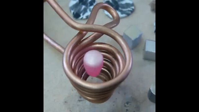 Levitation melting suspends and melts metal with induction heating inside a magnetic field.