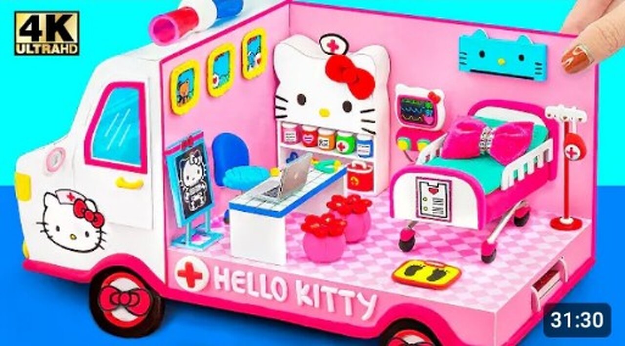 How To Make Hello Kitty Ambulance Hospital, DIY Doctor Set, Medical Kit from Polymer Clay, Cardboard