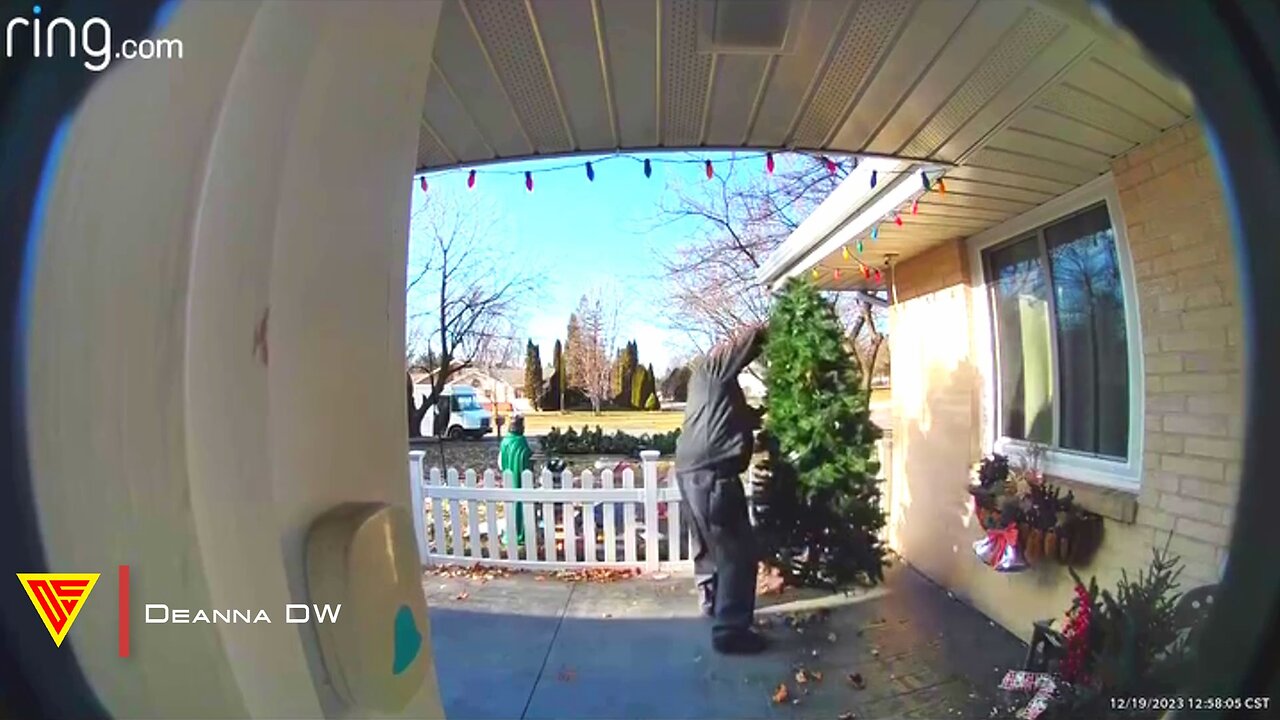 Delivery Man Fixes Christmas Tree Outside House Caught on Ring Camera | Doorbell Camera Video