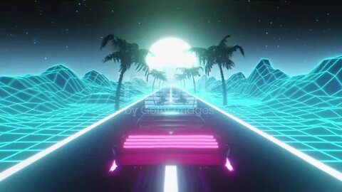 flying car driving through a retrowave landscape