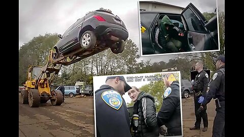 Auto Yard Staff Use Forklift to Trap Thief 20 Feet Up